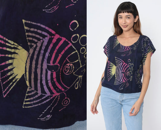 Y2K Batik Fish Graphic Tee Dark Blue Scoop Neck Short Sleeve Medium
