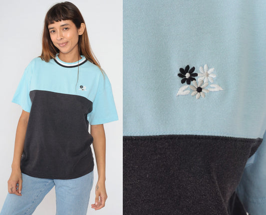 90s Colorblock Ringer Tee Embroidered Floral Blue Black Medium