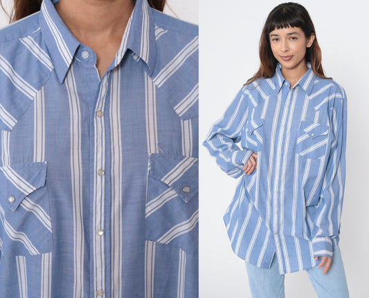 90s Western Pearl Snap Shirt Blue White Striped Long Sleeve Men's Extra Large