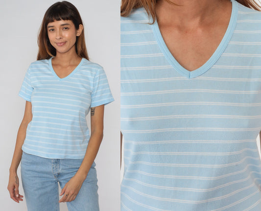 90s Blue White Striped V-Neck T-Shirt Cotton Tee Medium M