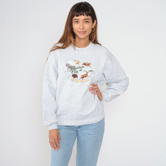 90s Fountain City Wisconsin Embroidered Wildlife Sweatshirt Heather Grey Medium