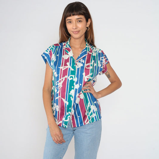 90s Tanjay Striped Floral Button-Up Blouse Cap Sleeve Multicolor Medium