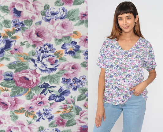 90s Floral Henley Shirt White Rose Print Short Sleeve Half Button Top Large L