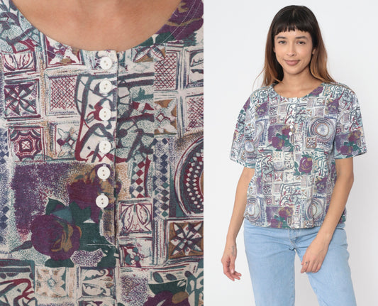 90s Purple Floral Mandala Henley Shirt Short Sleeve Button Up Large L