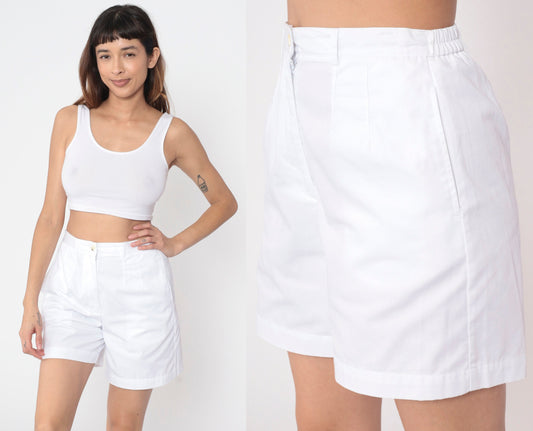 90s White Pleated High-Waist Shorts Cotton Blend Preppy Medium 8