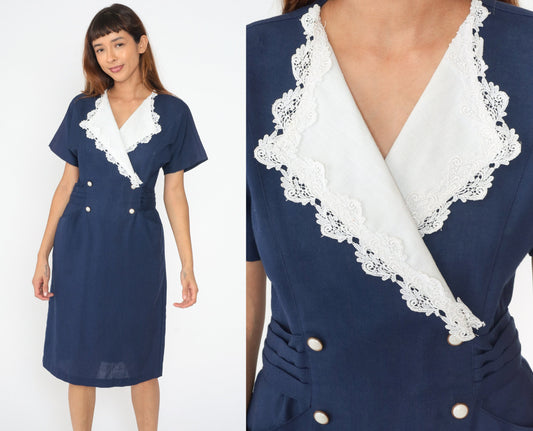 80s Navy Shirtdress White Lace Collar Double Breasted Wrap Midi Medium