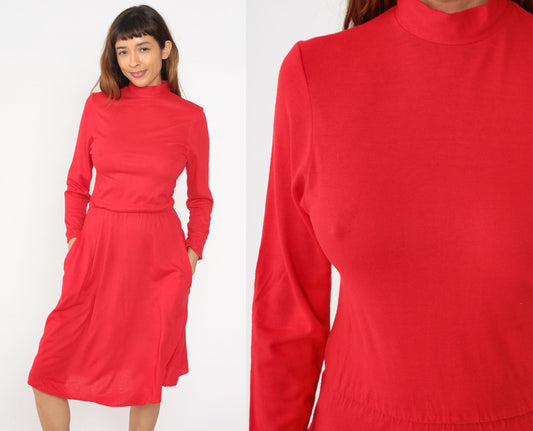 80s Red Acrylic Mock Neck Midi Dress Long Sleeve Pockets Small