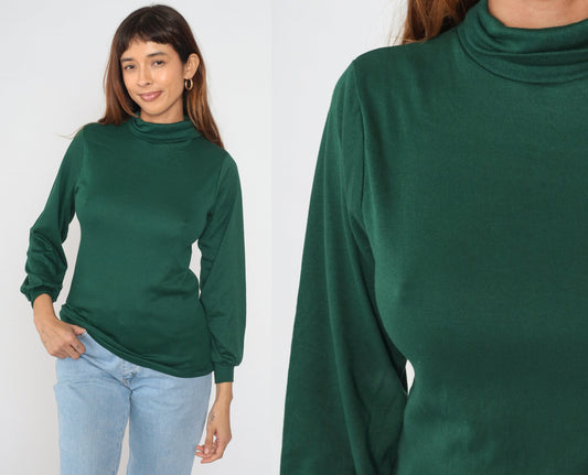 80s Forest Green Turtleneck Balloon Sleeve Blouse Large L