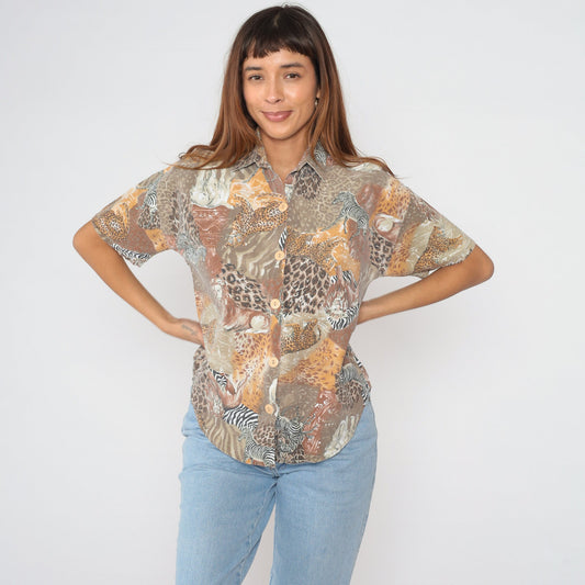 90s Safari Animal Print Button-Up Blouse Lion Zebra Elephant Medium