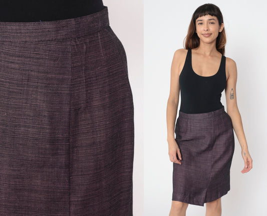 80s Heathered Black Pink Pencil Skirt High Waist Midi Kick Pleat Medium