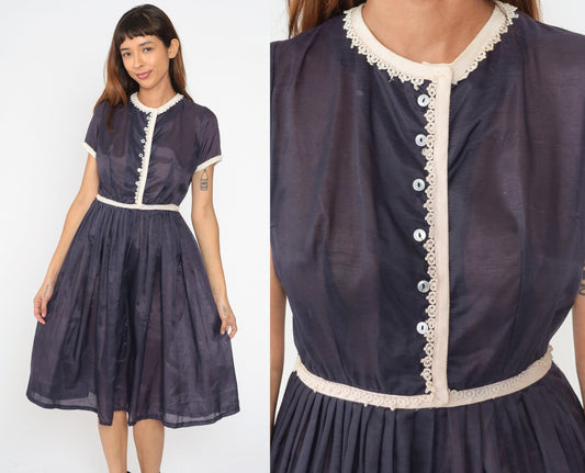 1950s Navy Sheer Button-Up Shirtdress Lace Trim Pleated Skirt Tea Length Small S