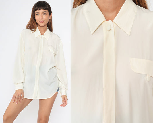 90s Cream Collared Blouse Hidden Button Long Sleeve Medium