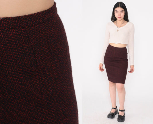 90s Calvin Klein Wool Pencil Skirt Red Black Mini High Waist Extra Small