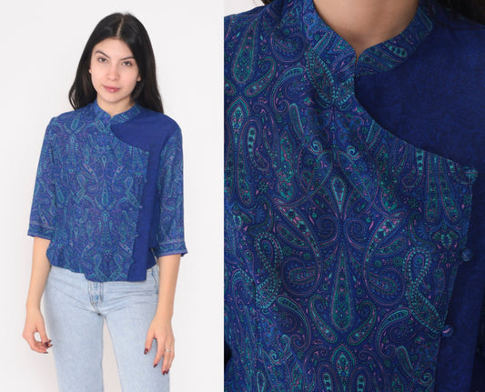 90s Blue Paisley Asymmetrical Button-Up Blouse Half Sleeve Medium Large