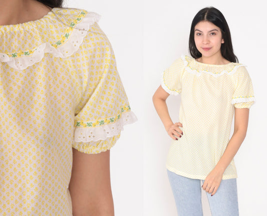 70s Yellow Floral Peasant Blouse Puff Sleeve Eyelet Lace Trim Small