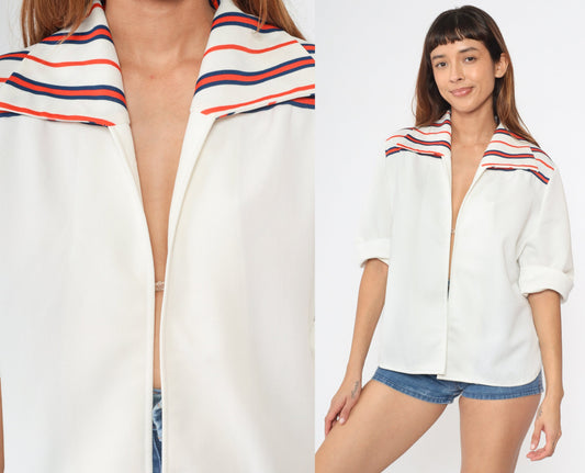 70s Open Front Jacket Off-White Navy Orange Striped Short Sleeve Medium