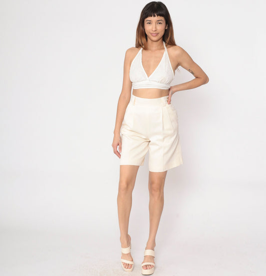 90s Mondi Cream Pleated High-Waist Shorts Wool Blend Small