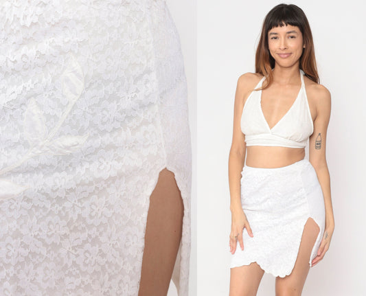70s White Lace Half Slip Skirt Scalloped Satin Leaf Applique Small