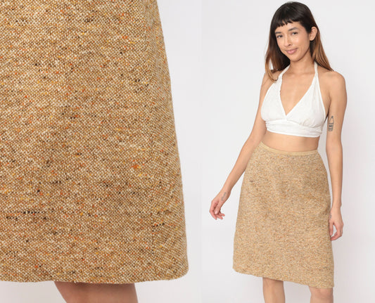 60s Tan Flecked Pencil Skirt High Waisted Tweed-Look Midi Small