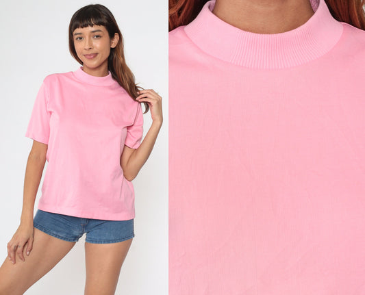 70s Pink Mock Neck Shirt Short Sleeve Blouse Medium Large
