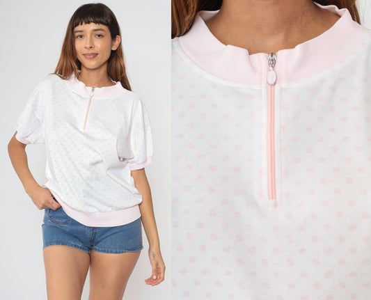 90s White Pink Polka Dot Quarter Zip Short Sleeve Shirt Large L