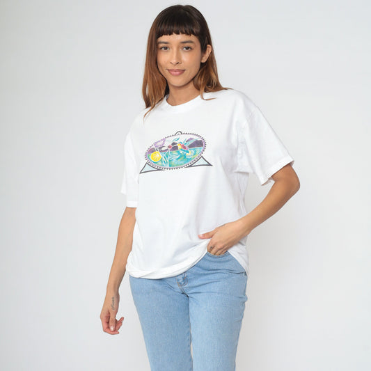 90s Hummingbird Floral Graphic T-Shirt White Cotton Tee Mountain Print Large