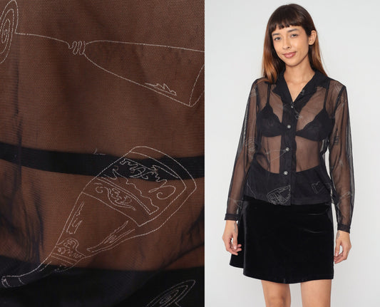 Y2K Black Mesh Blouse Champagne Bottle Glass Print Button-Up Long Sleeve Small S