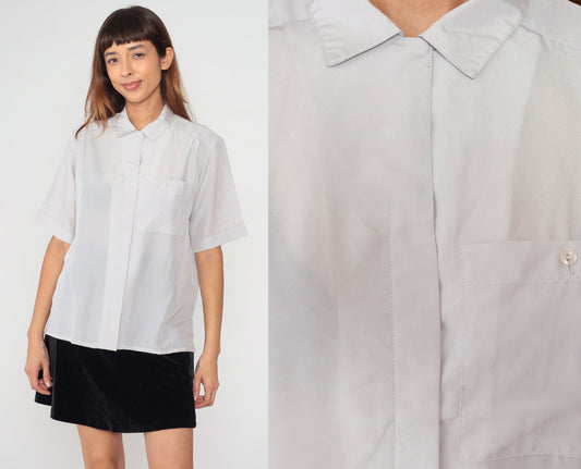 80s Pale Grey Button-Up Blouse Short Sleeve Collared Shirt Medium