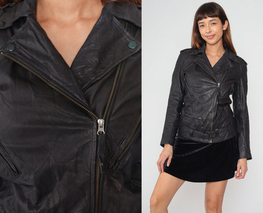 Y2K Sara Bermen Black Leather Moto Jacket Zip Front Small S
