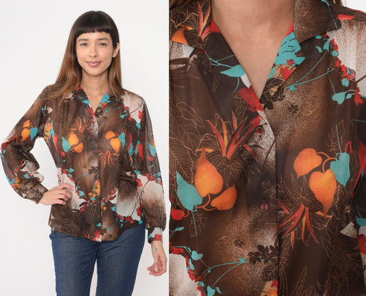 70s Teddi Tropical Leaf Print Button-Up Blouse Brown Long Sleeve Extra Large