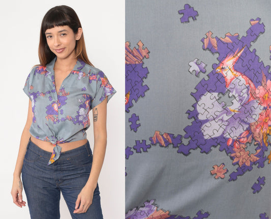 80s Tropical Bird Puzzle Pieces Tie Waist Shirt Grey Purple Rayon Small