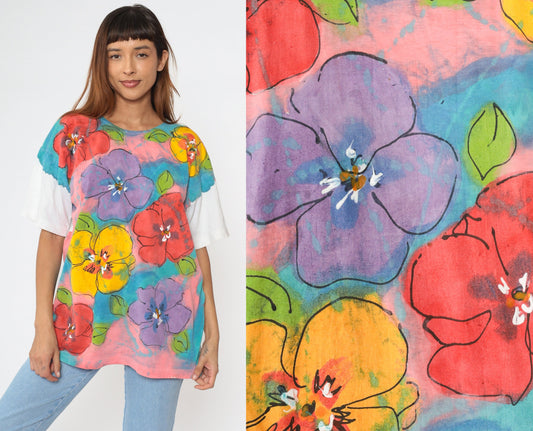 90s Floral Paint Splatter T-Shirt Purple Yellow Pink Blue Single Stitch Large
