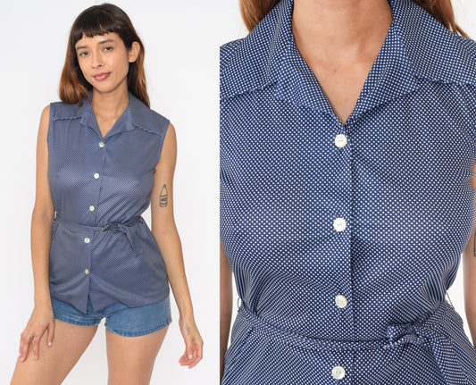 70s Navy Polka Dot Sleeveless Blouse Dagger Collar Button Up Small S