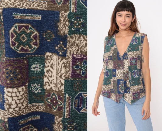 90s Southwestern Patchwork Geometric Button Vest Sleeveless Blue Green Purple Extra Large XXL