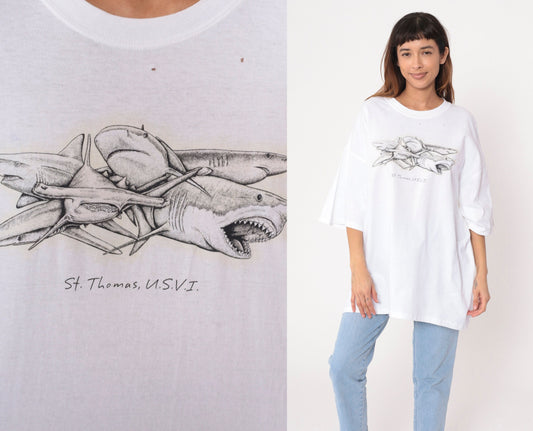 90s St Thomas Virgin Islands Shark Graphic T-Shirt White Cotton Extra Large XL