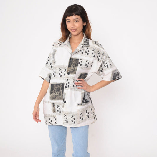 80s Safari Animal Print Button-Up Shirt Lion Giraffe Buffalo Black White Large