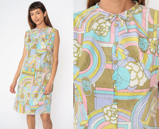60s Psychedelic Floral Midi Dress Sleeveless Shift Cotton Medium