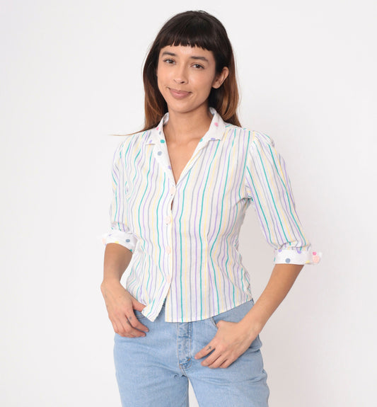 80s Striped Puff Sleeve Blouse White Polka Dot Trim Button Up Collared Top Extra Small
