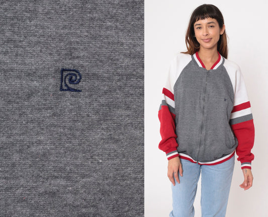 90s Pierre Cardin Zip-Up Sweatshirt Heather Grey Red White Stripe Large L