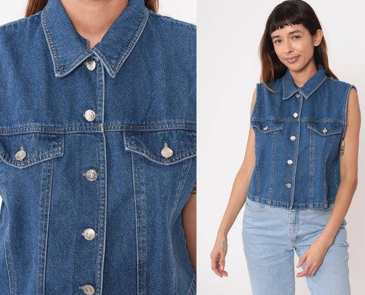 90s Blue Denim Sleeveless Button-Up Shirt Collared Tank Medium