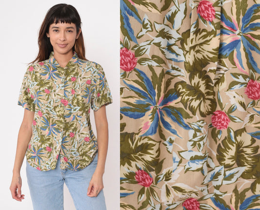 90s Floral Button-Up Shirt Tan Rayon Flower Print Blouse Medium