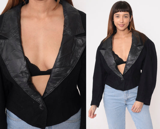 80s Jonathan Stevens Black Wool Blazer Leather Collar Deep V Neck Large L