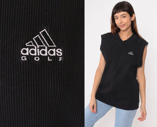 00s Adidas Golf Tank Top Black V-Neck Ribbed Cotton Medium