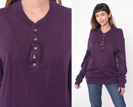 90s Purple Henley Sweater Acrylic Knit Pullover Men's Medium