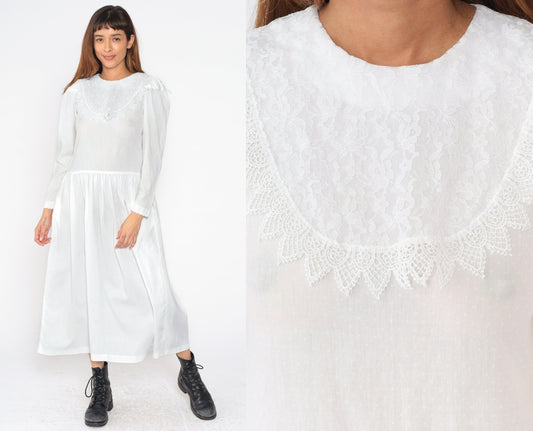 80s White Polka Dot Midi Dress Puff Sleeve Lace Bib Low Waist Small