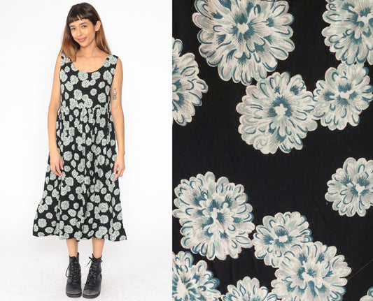 90s Floral Midi Dress Black Rayon High Waist Sleeveless Large L