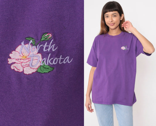 North Dakota Prairie Rose Embroidered Graphic Tee Purple 1990s Extra Large