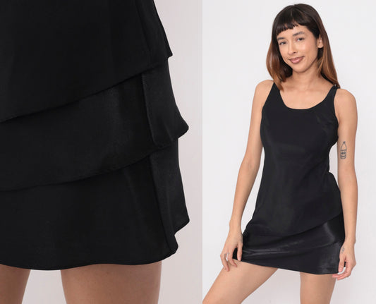 Y2K Black Mini Dress Tiered Flounce Satin Sheath Sleeveless Extra Small