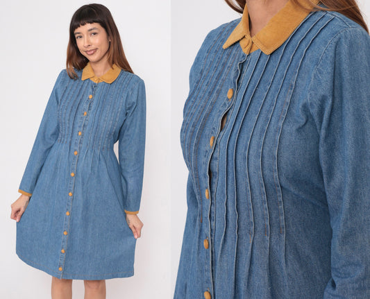 90s Studio Ease Blue Denim Shirtdress Corduroy Collar Knee-Length Small 6