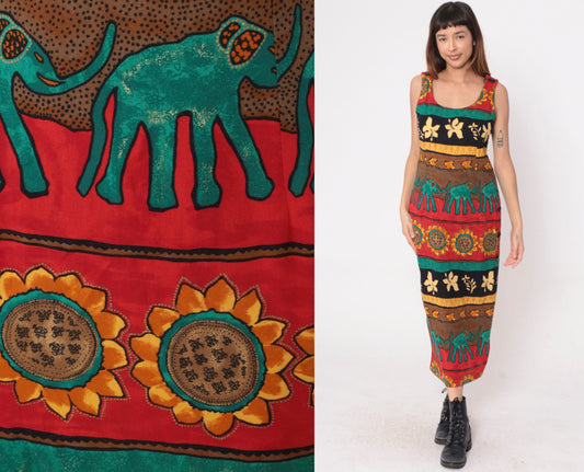 90s Tropical Elephant Sunflower Maxi Dress Striped Red Teal Sleeveless Medium
